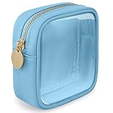 Mini Clear Travel Makeup Organizer Bag for Purse, Samll Cute Preppy Makeup Bag Cosmetic Zipper Pouch Purse, Transparent PVC & Nylon Waterproof Toiletry Storage Clutch Coin Pouch for Women Girls(Blue)