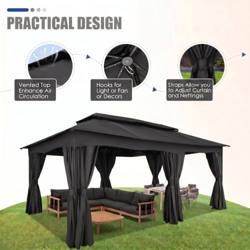 Image of COBIZI 12x20 FT Gazebo Outdoor with Curtains, Heavy Duty Soft Top Gazebo Canopy with Double Roof, Large Metal Frame Gazebos for Patio, Backyard and Deck (Black)