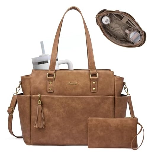 LOVEVOOK Laptop Tote Bag for Women 15.6 Inch Vintage Leather Work Laptop Bag with Large Water Bottle Pockets, Waterproof Computer Briefcase Teacher Bag for Casual Office Travel