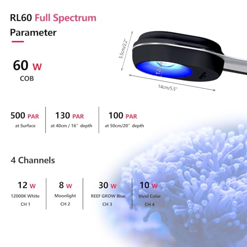Image of PopBloom RL60 WiFi Reef LED Light, 60W Full Spectrum Marine Reef LED Aquarium Lighting for Soft /LPS Corals & Saltwater Fish Nano Tanks, Built-in Timer, WiFi Phone Programmable, Sunrise Sunset