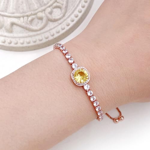 Image of Rose Plated Gold Brass Box Chain Cubic Zirconia Classic Tennis Slider Adjustable Bracelet, Round Big Zircon Charm Give Woman Mom Mother's Day Fashion Crystal Gift