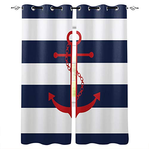 Blackout Curtains For Bedroom Nautical Red Anchor Navy Blue White Horizontal Stripes Grommet Thermal Insulated Window Drapes Room Darkening Curtain For Living Room, Set Of 2 Panels 27.5 X 39 In X 2 #TOP1