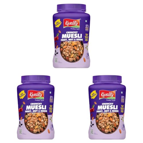 Image of KWALITY Muesli Fruit, Nut & Seeds 900g Jar, 87% Multi Grains, No Maida, Natural Source Of Vitamin & Iron, High In Protein & Fiber, Low Fat & Cholesterol, Healthy Breakfast Cereal (Pack of 3)