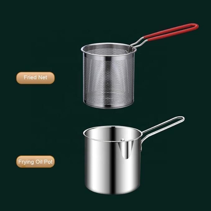 Image of Deep Frying Pot with Strainer Basket | 1200ml Stainless Steel Pan with Handle | Ideal for Frying French Fries /Chicken Wings /Shrimp /Boiling Butter /Sauce /Gravies /Pasta(1Piece)