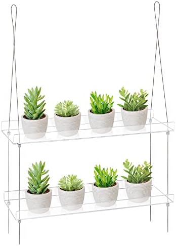 Sumerflos 2-Tier Acrylic Plant Shelves for Window of Kitchen, Bedroom, Living Room, 16 Inch Window Wall Flower Double Hanger Boxes, Height Adjustable Hanging Shelves for Indoor Plants, Succulents