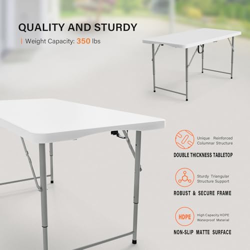 VINGLI 4 FT Plastic Folding Camping Table,3-Level Adjustable Height, Portable in/Outdoor Party Picnic Dining Desk, Garden Soccer Multipurpose Entertaining Activities,White