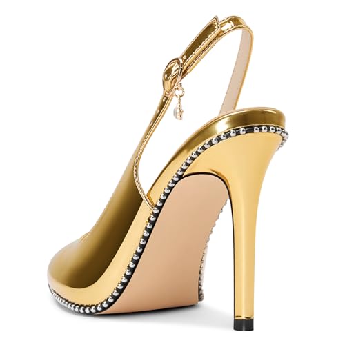 Image of NobleOnly Slingback Beaded Pumps for Women High Stiletto Heel Pointed Toe Slip-on Dress Sandals Adjustable Buckle Rhinestone Patent Leather 3.9 Inches Heels
