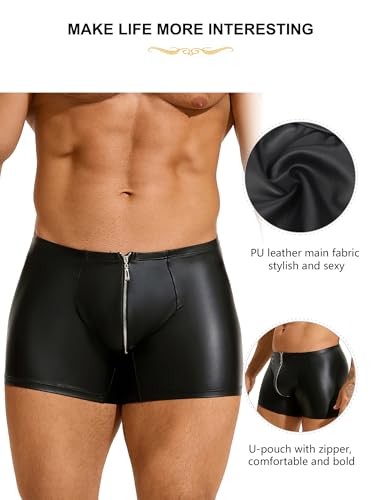 comeondear Men's Faux Leather Boxer Shorts Zipper Bulge Pouch Briefs Black Plus Size Sexy Underwear Panties3