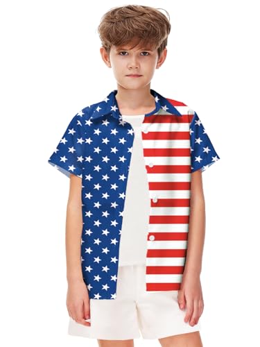 Image of Remimi Unisex Kids 4th of July Button Up Shirt Boys American Flag Print Hawaiian Beach Short Sleeve Tops 5-14 Years