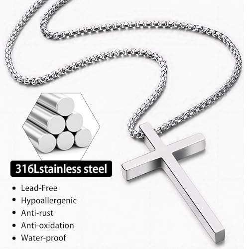 12/24PCS Cross Necklace for Men Silver Chain Jewelry Set Stainless Steel Cross Pendant Goth Necklace for Boys 16-24 inches Chain3
