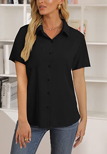 Aisew Womens Casual Button Down Shirts V Neck Chiffon Short Sleeve Collared Office Work Blouses Tops With Pocket (1187Black, Large) #TOP4