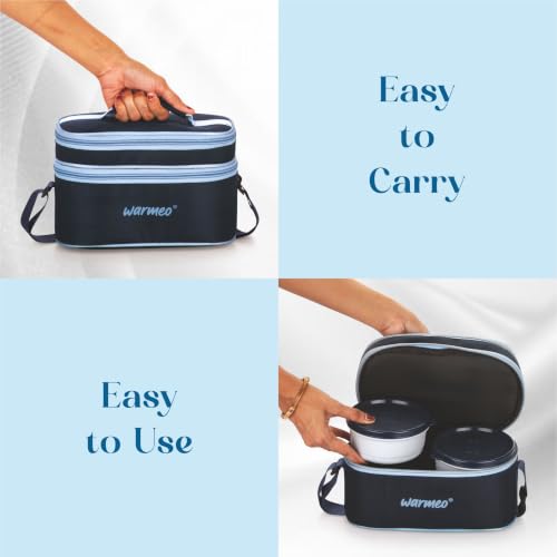Image of WARMEO Micro Meal Microwave Safe Lunch Box | 1 Rectangular Container 600ml + 2 Round Containers 350ml Each + 2 Round Container 250ml Each + 1 Spoon + 1 Fork,Stylish Durable Jacket,Office,School,Blue