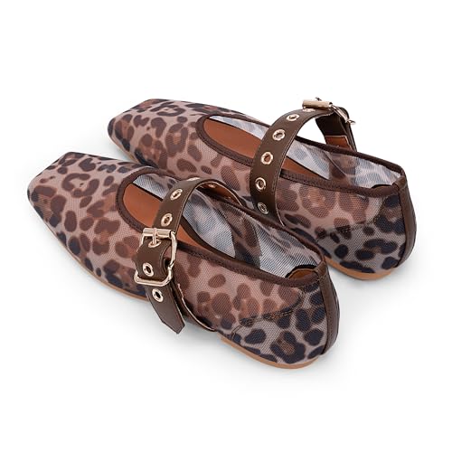 Women's Leopard Mesh Mary Jane Flats Buckle Strap Closed Square Toe Ballet Flats4