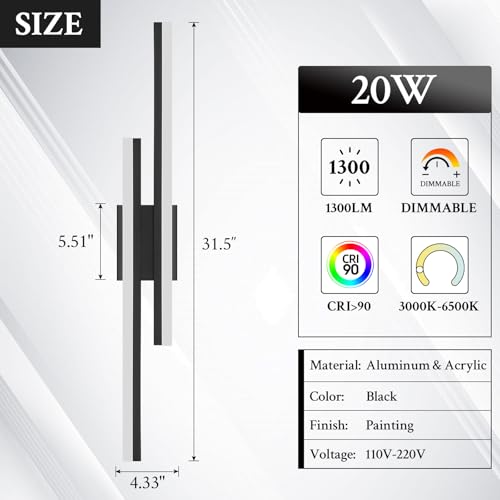Image of LED Wall Sconce Black Modern Remote Wall Light Fixtures for Living Room, Dimmable LED Vanity Light Indoor Remote Wall Sconce for Bedside Bedroom Bathroom Dining Room, L31.5inch 1 Pack