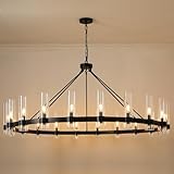 YIOSI 20-Lights Black Chandelier,Wagon Wheel Chandelier with Glass Shade, 60 Inch Large Round Industrial High Ceilings Pendant Lighting Fixture for Dining Living Room, Kitchen Island, Foyer