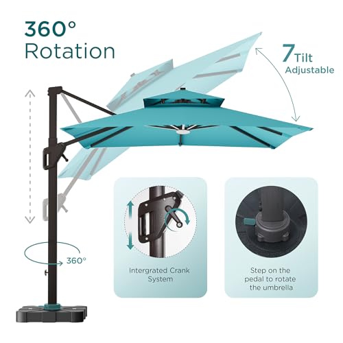 Image of 10' X 13' Patio Umbrella with Weighted Base and LED Lights Outdoor Cantilever Large Rectangle Offset Umbrellas Heavy Duty Aluminum Double Top with 360-degree Rotation for Pool Garden Deck, Turquoise