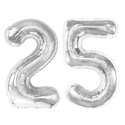 Image of Silver Number 25 Balloon 40 inch, 25 Number Balloons, 25th Silver Birthday Decorations, 25 Year Old Women Men Silver Party Supplies