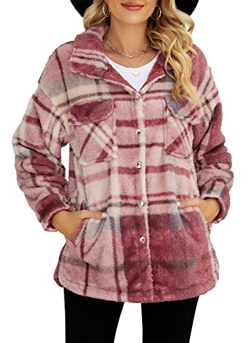 Reachme Womens Faux Fur Outerwear Coats Winter Plaid Teddy Jackets With Pockets Womens Gifts For Christmas(C-Pink Plaid,L) #TOP3
