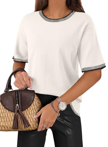 Image of Dokotoo Womens Sweaters Spring Tops Round Neck Striped Short Sleeve Hollow Out Knit Loose Pullover Sweaters White Medium