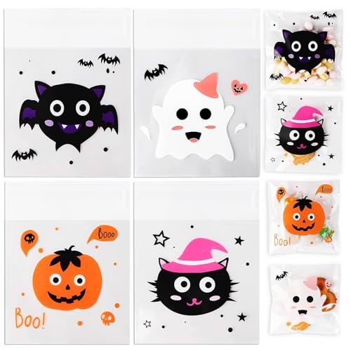 100pcs Halloween Sweet Cellophane Treat Bags - Mini Clear Self Seal Candy Cookie Bags for Trick or Treat (4 Patterns)