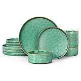 LIANYU Dinnerware Sets for 4, 12 Piece Plates and Bowls Dish Set, Stoneware Dishware Dinner Ware for Kitchen Dining, Microwave & Dishwasher Safe, Emerald Green