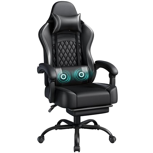 Yaheetech Gaming Chair Ergonomic Racing Gaming Chair with Massage Lumbar Pillow High-Back Office Chair with Slide-Out Footrest and Padded Linkage Armrests for Adults Full Black