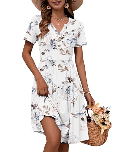 Image of WNEEDU Women V Neck Button Down Empire Waist Midi Summer Dress with Pockets