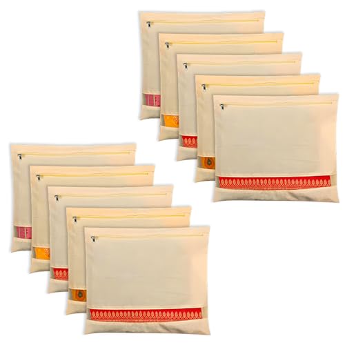 Image of Amazon Brand - Solimo Cotton Saree Bags /Covers with Zip Closure|Wardrobe Organizer with Mesh Window|Single Size (14 x 16 inches)|Pack of 10, Beige