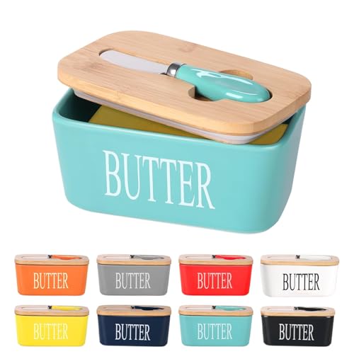 Image of Ceramic Butter Dish with Wooden Lid and Stainless Steel Knife, Large Butter Container Keeper with Bamboo Cover and Silicone Sealing Ring for West and East Coast Butter (Green)