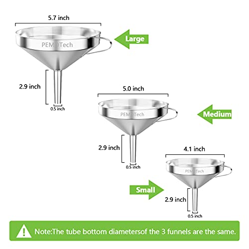 Pemotech Prime Kitchen Funnels【6 In 1】Large 304 Stainless Steel Funnel, Gravity3D For Faster, Drip Free Transfers, Set Of 3 (4.1''/5.0''/5.7'') With 2 Strainers & 2 Silicone Tubes & 1 Clean Brush #TOP5