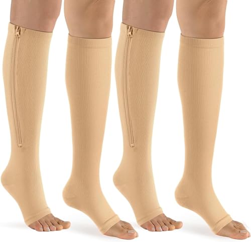 Image of bropite Zipper Open Toe Compression Socks For Women & Men | 2 Pairs 15-20mmhg Compression Socks With Zipper,Toeless Breathable Knee-High For Running Nurses Pregnancy Flying