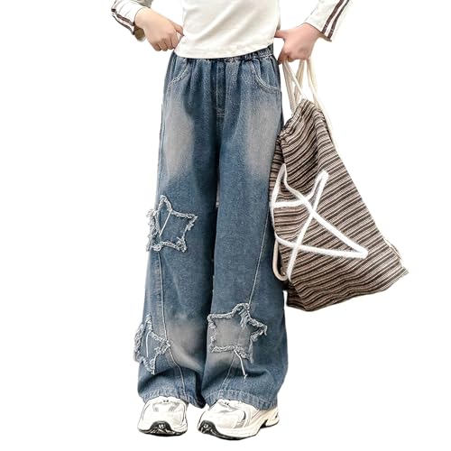 Viatabuna Girls Wide Leg Star Jeans Elastic Waist Pull On Jeans Baggy Denim Pants Youth Kids Clothes 5-14 Years