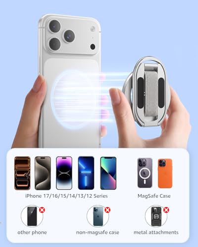 Image of SUPERONE Dual-Sided Magnetic Phone Grip for MagSafe | Dual Magnets 5.5 /3lbs, 55,000 Folds 18x Durable, Adjustable Strap, 360 Stand for iPhone 17 /16 /15 /14 /13 /12 Series-Silver