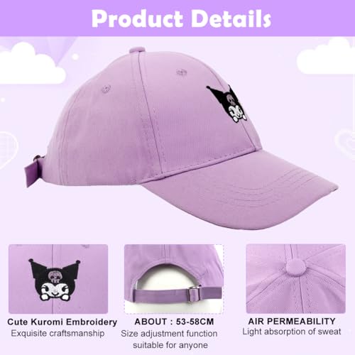 Image of SNOWIE SOFT Hat for Girls Cute Kuromi Sun Cap for Girls Kids Cartoon Embroidery Cap Breathable Cotton Sport Cap Wide Brim Sun Cap 48-54cm Adjustable Head Size Gift for Girl 2-8 Years Old