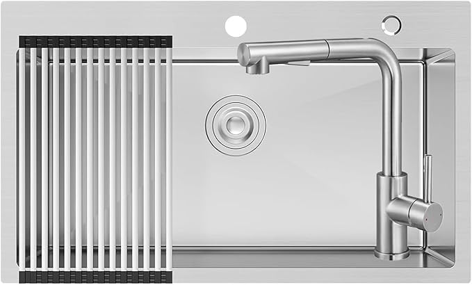 CECIPA 75x45 cm Fregadero de Acero con Grifo de Cocina Extraíble, Lavabo de Cocina 1 Cuenca de Acero Inoxidable para Mueble de 80 cm, con Sifón y Desagüe