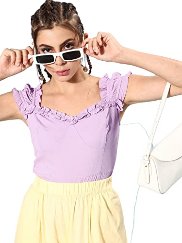 Marie Claire Women Casual Lavender Colour Sweetheart Neck Solid Regular Top