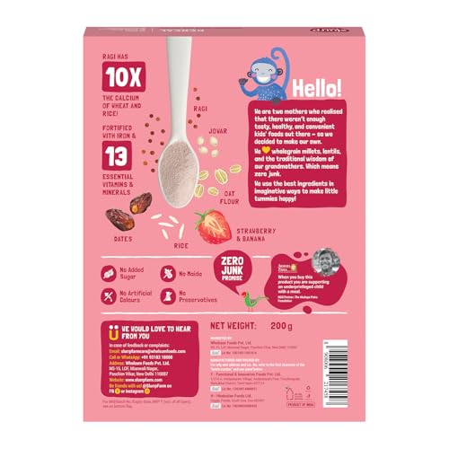 Image of Slurrp Farm Cereal, Ragi, Rice and Strawberry with Milk, Instant Healthy Food, NO Added Sugar, Mildly Sweetened with Date Powder, 200 g (Pack of 2)