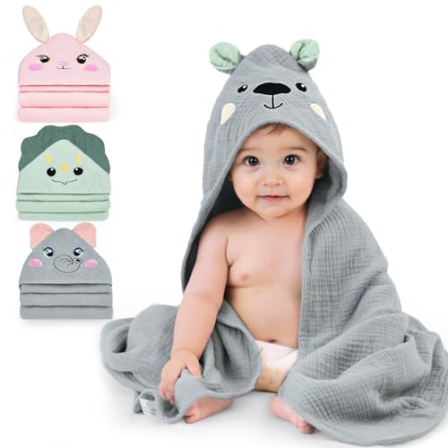 Image of FIOBEE Hooded Baby Towels 100% Muslin Baby Bath Towels for Newborn with Animal Design Ultra-Soft and Absorbent Bath Essentials for Toddler, Unisex Girls Boys 30 x 30 inch, Gray Bear