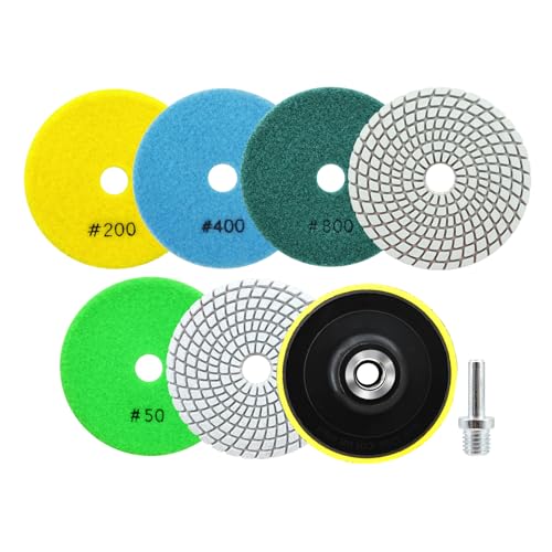 SANLEETEK Almohadillas de Pulido Diamante - 6piezas 100mm Disco Diamante Pulir Grano 50/100/200/400/800/1500 con M14 Plato Apoyo+Adaptador para Granito Mármol Piedra Artificial Cuarzo