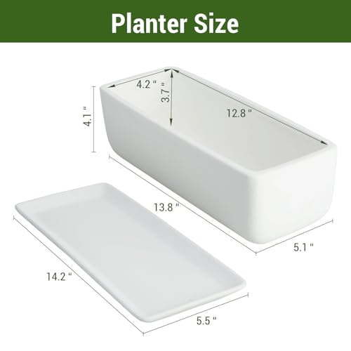 Image of MyGift 14 Inch Ceramic Indoor Plant Pot with Drainage Hole, Rectangular Succulent Planter Window Box with Removable Saucer, Unglazed White (Pack of 2)