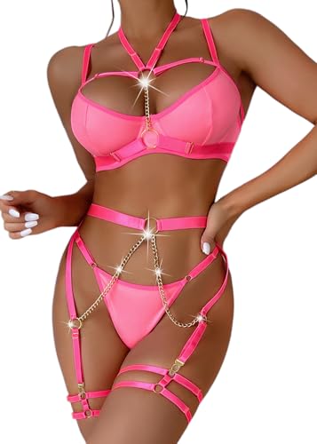 BEINF Damen Dessous Sets Sexy Spitze V Babydoll mit Morgenmantel Halterung Nachthemd Nachtwäsche, Tanga Set, Strümpfe, 4 Stück