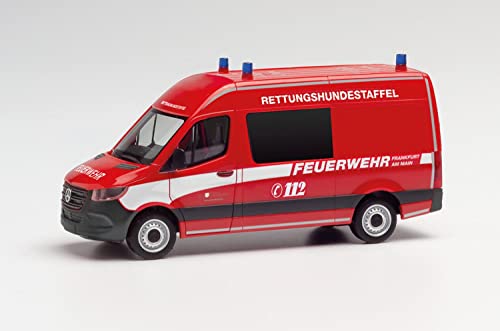 Herpa Modellauto Mercedes-Benz Sprinter „Feuerwehr Frankfurt/Rettungshunde, originalgetreu im Maßstab 1:87, Auto Modell für Diorama, Modellbau Sammlerstück, Deko Automodelle aus Kunststoff