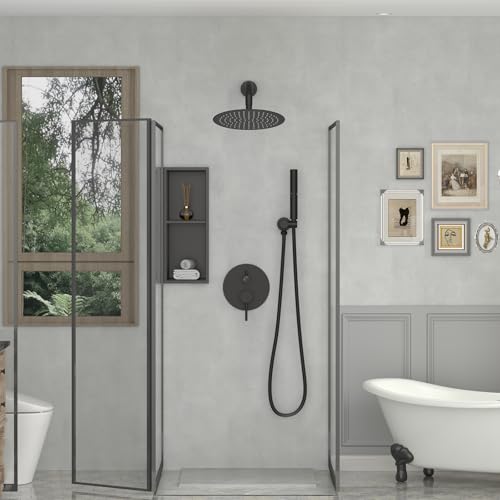 Image of BESy Shower System with 10 Inch Round Rain Shower Head and Handheld Wall Mounted, High Pressure Rainfall Heads Shower Faucet Fixture Combo Set with 2 in 1 Spray Showerhead for Bathroom, Matte Black