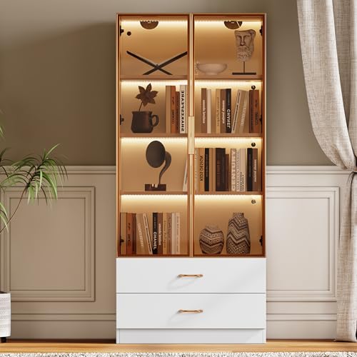 Merax Vitrine mit LED-Beleuchtung, Vitrinenschrank Standvitrine mit Glastür, Lagerung mit 2 Schubladen, Mehrzweckschrank für Wohnzimmer Büro Küche Bad, Weiß, 75x34,5x170 cm