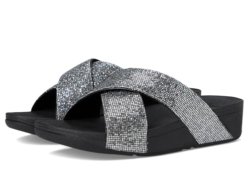 FitFlop Lulu Glitterball Cross Slides, Color: Silver, Size: 9 (IG2-011-070)