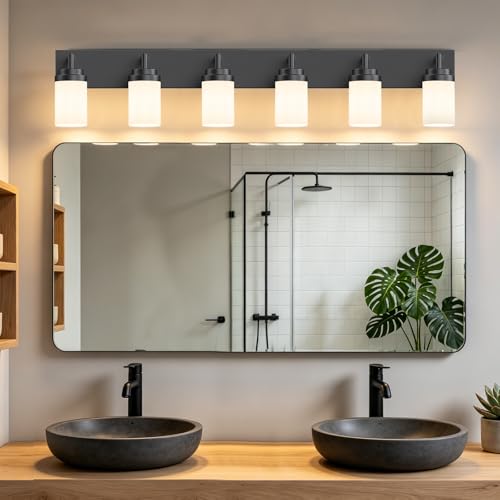 Image of Bathroom Light Fixtures, Matte Black Bathroom Lighting Fixtures Over Mirror, Modern Vanity Light with White Glass Shade, Restroom Lighting Fixtures, 7-Light 54-inch