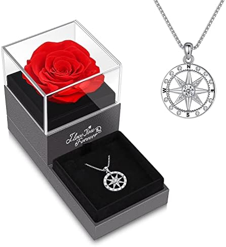 Mothers Day Gifts, Preserved Real Red Rose with Compass Necklace -Eternal Flowers I Love You Gifts for Girlfriend Wife on Mothers Day Valentines Day Anniversary Birthday Gifts for Her