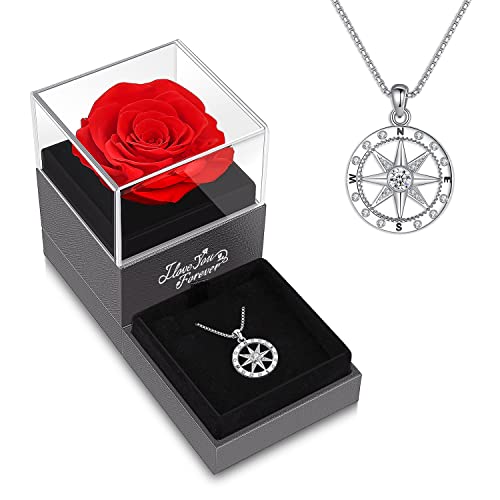 Mothers Day Gifts, Preserved Real Red Rose With Compass Necklace -Eternal Flowers I Love You Gifts For Girlfriend Wife On Mothers Day Valentines Day Anniversary Birthday Gifts For Her #TOP3