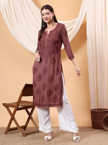 Image of POSHAK CHIKAN STUDIO Women's Hand Embroidered Lucknowi Chikankari Modal Straight Long Kurta, heer
