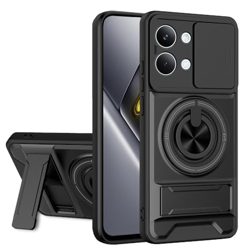 Image of AESTMO Poco X8 Pro Max 5G Back Cover | Armor Camera Slider 360 Degree Rotating Finger Ring Holder Case with Bracket Stand Back Case Cover (Compatible with MagSafe Accessories) (Black)